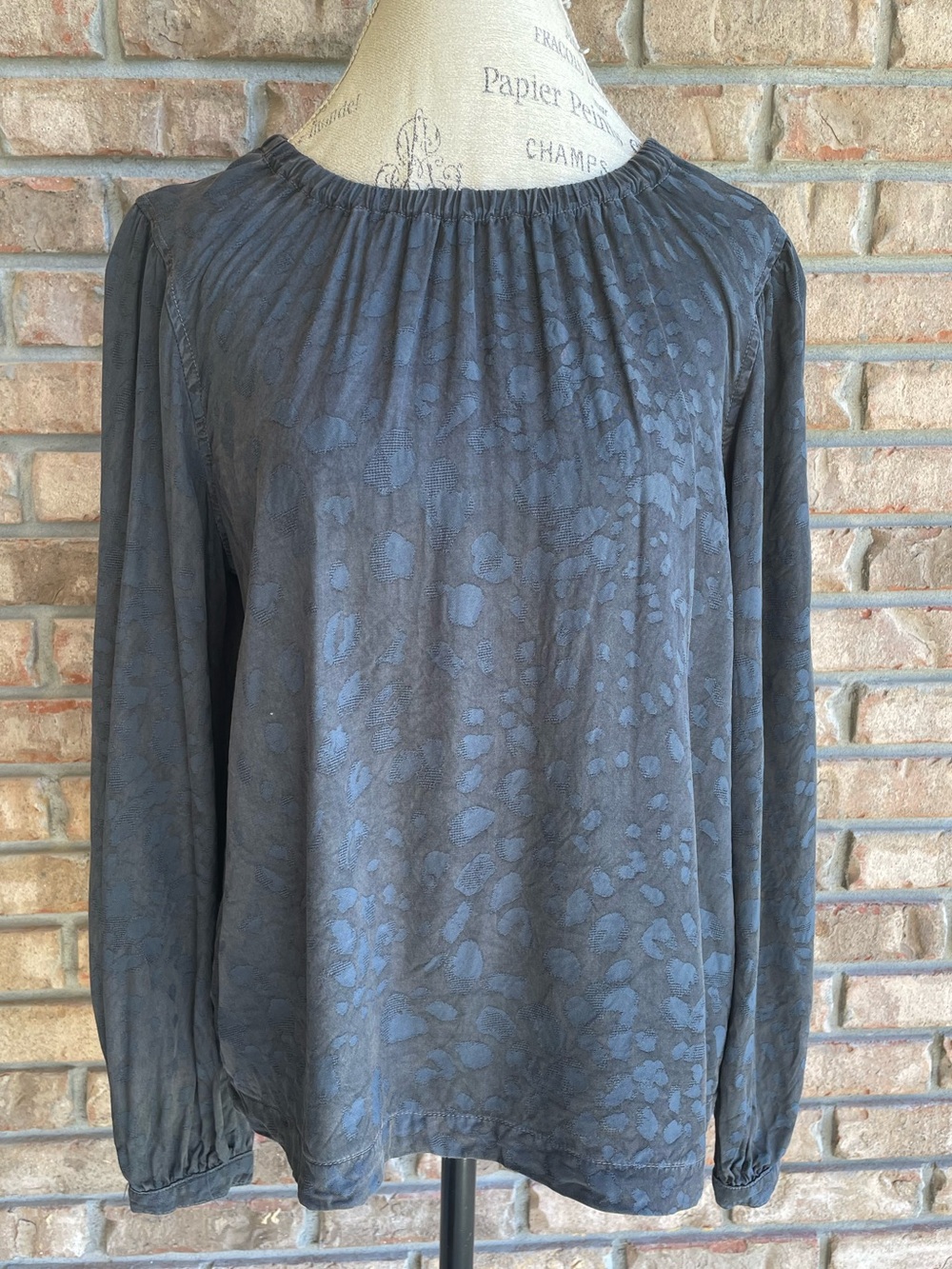 Bella Dahl Slate Blue Long Sleeve Blouse with Subtle Animal Jacquard